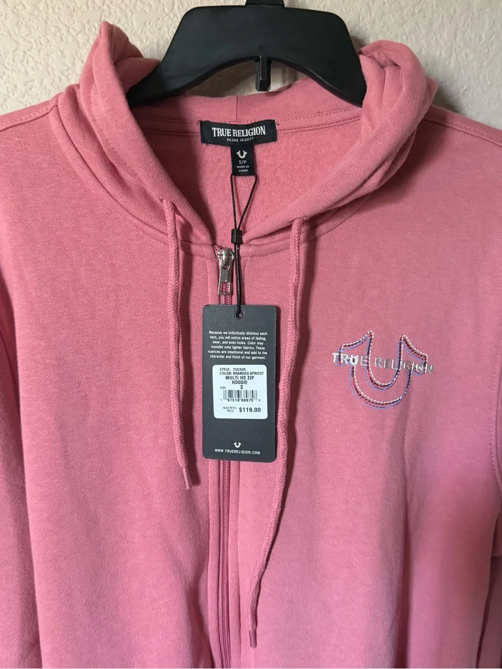 TRUE RELIGION Mens Small Zip Up Hoodie Pink Brandied Apricot Pockets NWT $118